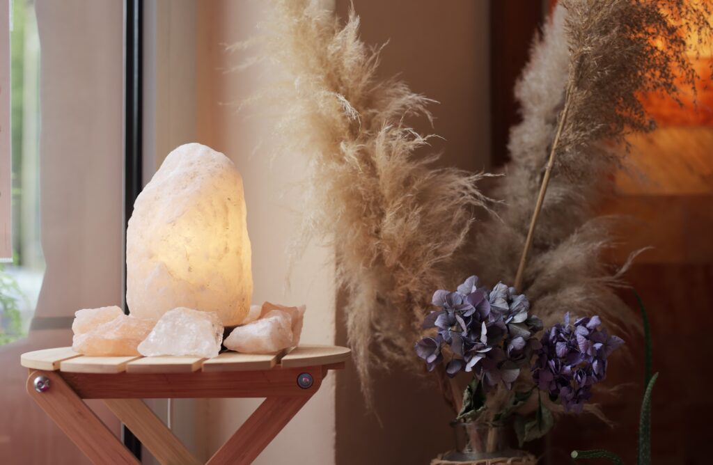 Interior design with a salt lamp and plants