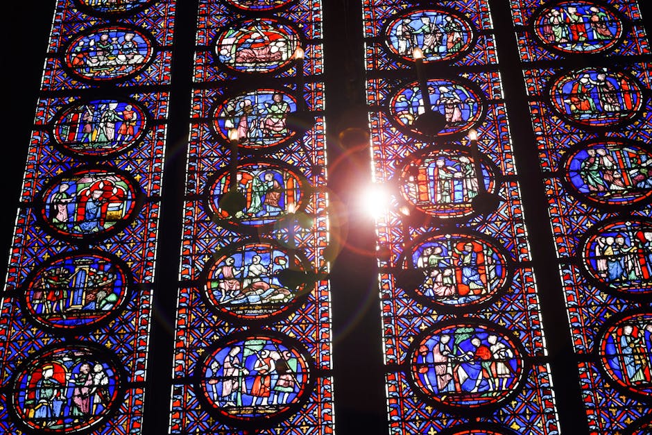 Ancient stained glass window with uneven thickness