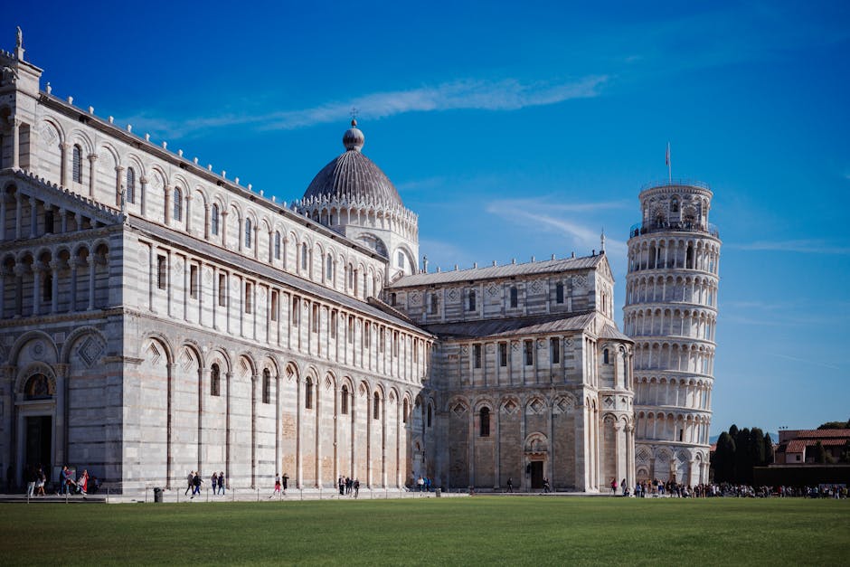 The Leaning Tower of Pisa with Piazza dei Miracoli and cathedral in the background