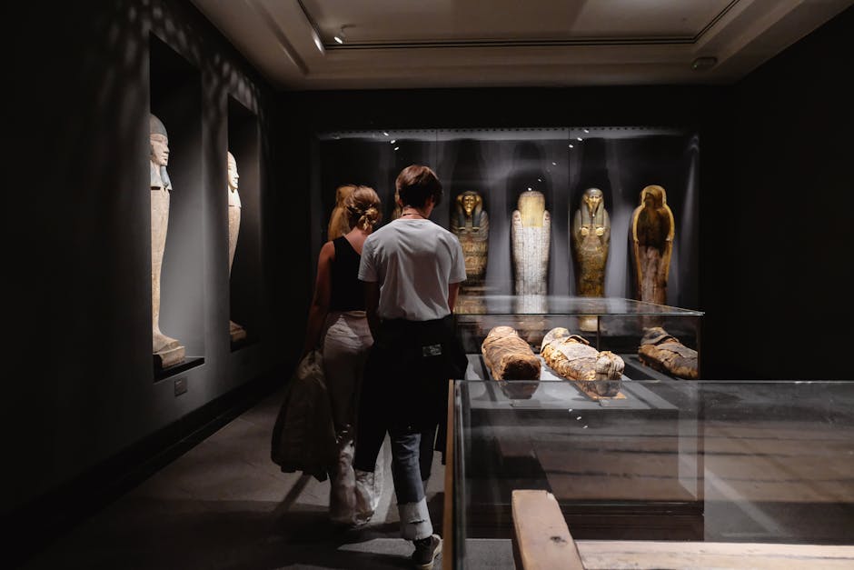 Ancient Egyptian pharaoh statue or sarcophagus in a museum display