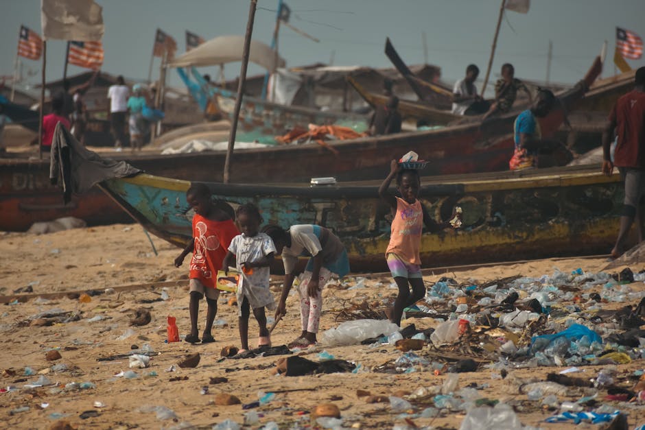 Ocean pollution with fishing nets and plastic debris
