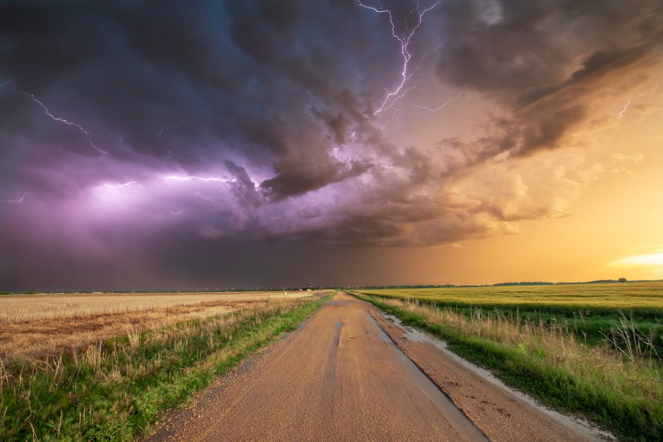 Severe weather vortex over farmland with a conceptual physics illustration feel