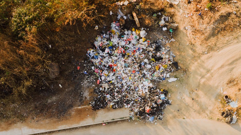 Landfill with plastic waste and recycling materials