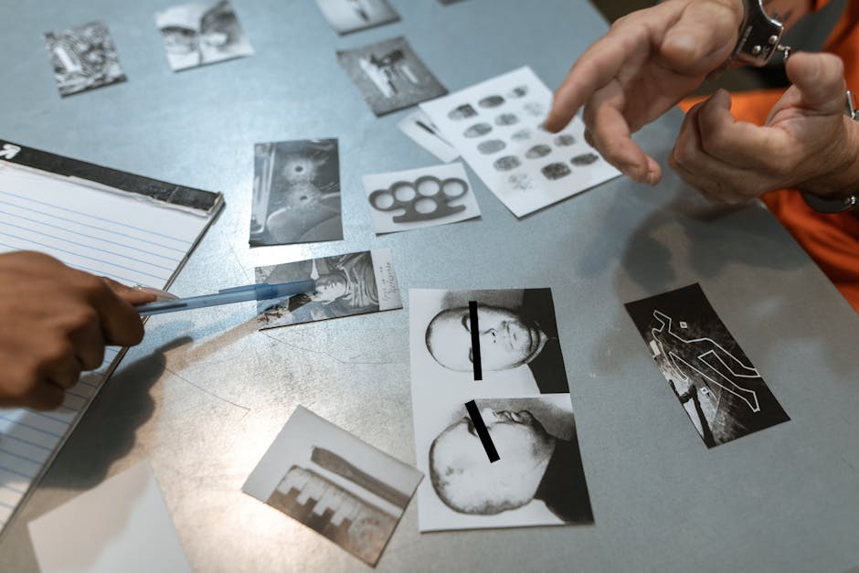 Forensic fingerprint analysis with magnifying glass and evidence