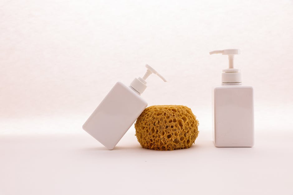 Antibacterial soap bottle on a bathroom counter