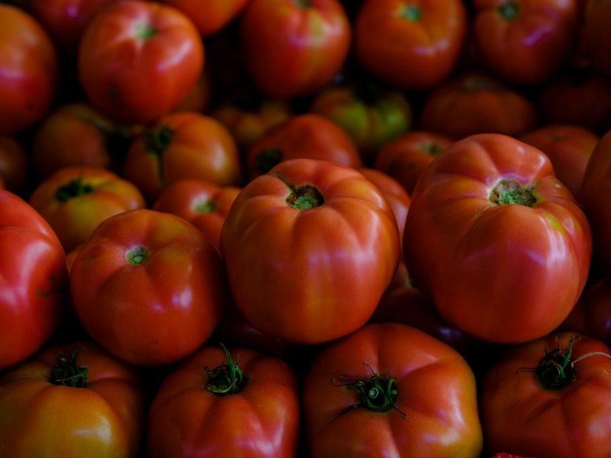 Tomatoes in a market display with vegetables
