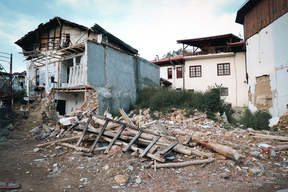 Damaged buildings after an earthquake in a dense urban area