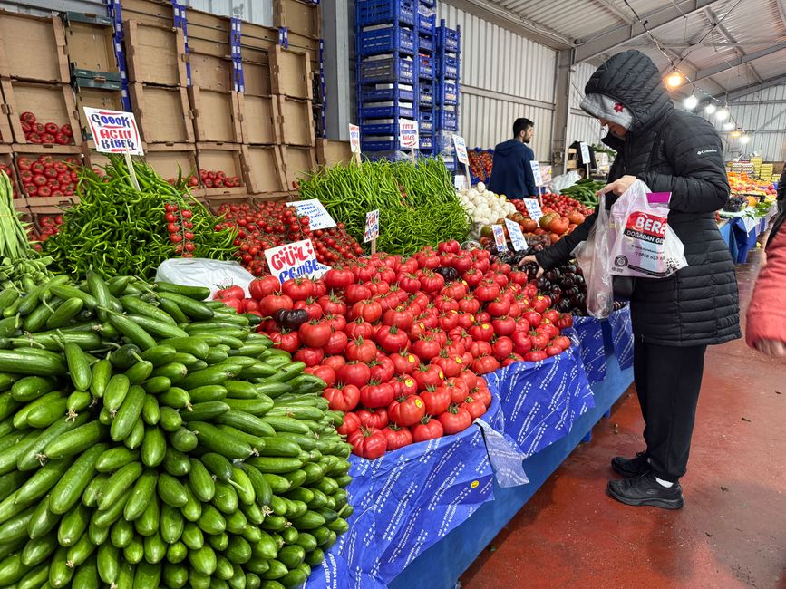 Tomatoes, cucumbers and peppers at a produce stall