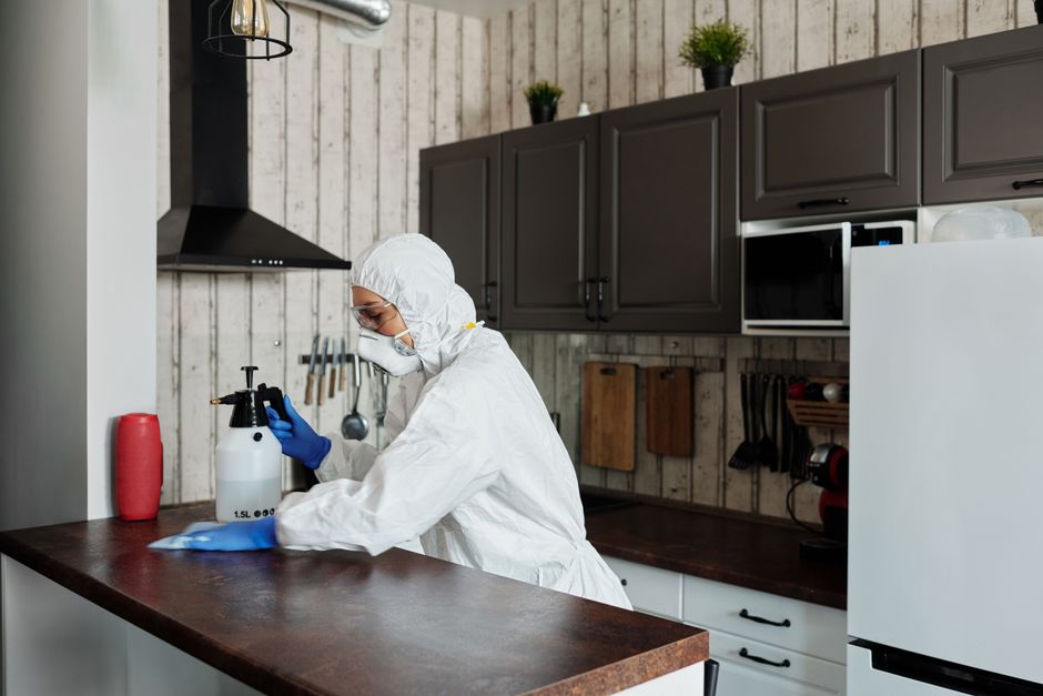 Person cleaning a kitchen countertop with disinfectant gloves