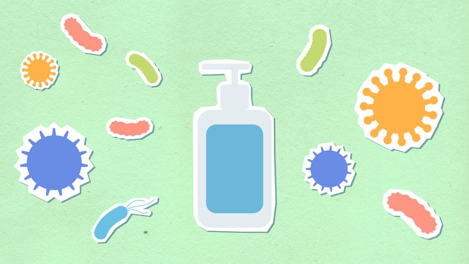 La Javel tue-t-elle vraiment tous les germes ? Ce que disent les labos, les normes et… la réalité Decorative cardboard illustration of antiseptic gel between viruses and bacteria during coronavirus pandemic on green background