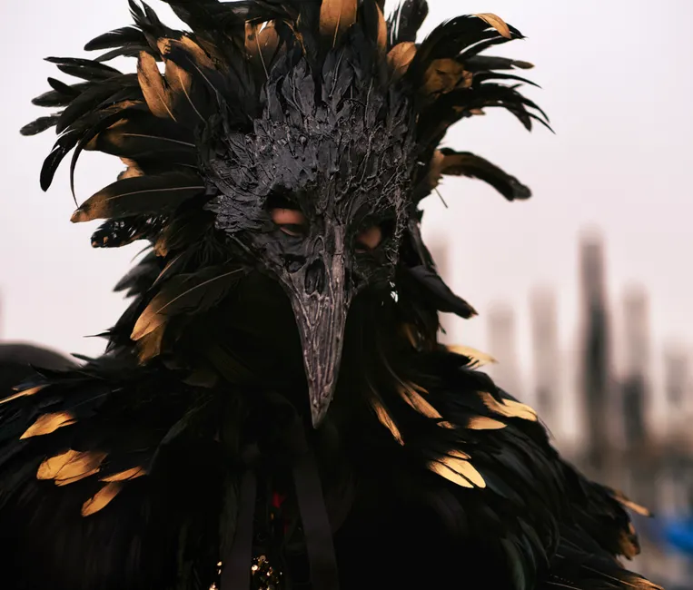 Les corbeaux gardent-ils vraiment rancune aux humains? An elaborate bird mask costume with feathers at the Venice Carnival.