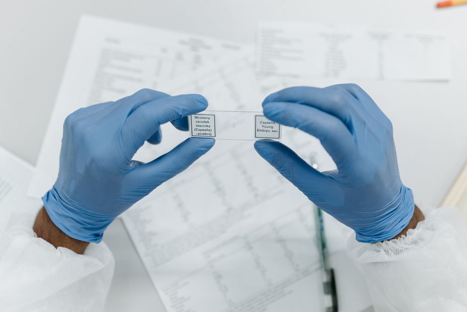 Peut-on vraiment mesurer le bonheur sans thermomètre? Researcher holds labeled microscope slides wearing blue gloves, in a laboratory setting.
