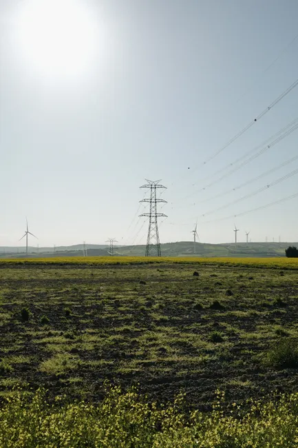 Scenic view of wind turbines and power lines in a sunny rural field.