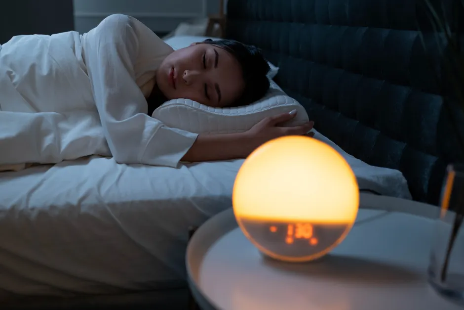 Le sommeil avant minuit compte-t-il vraiment double? Woman sleeping peacefully in a cozy bedroom with ambient bedside light.