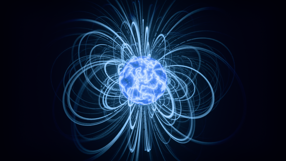 Les champs électromagnétiques des lignes à haute tension causent-ils des cancers? Abstract visualization of blue magnetic field lines surrounding a glowing sphere.