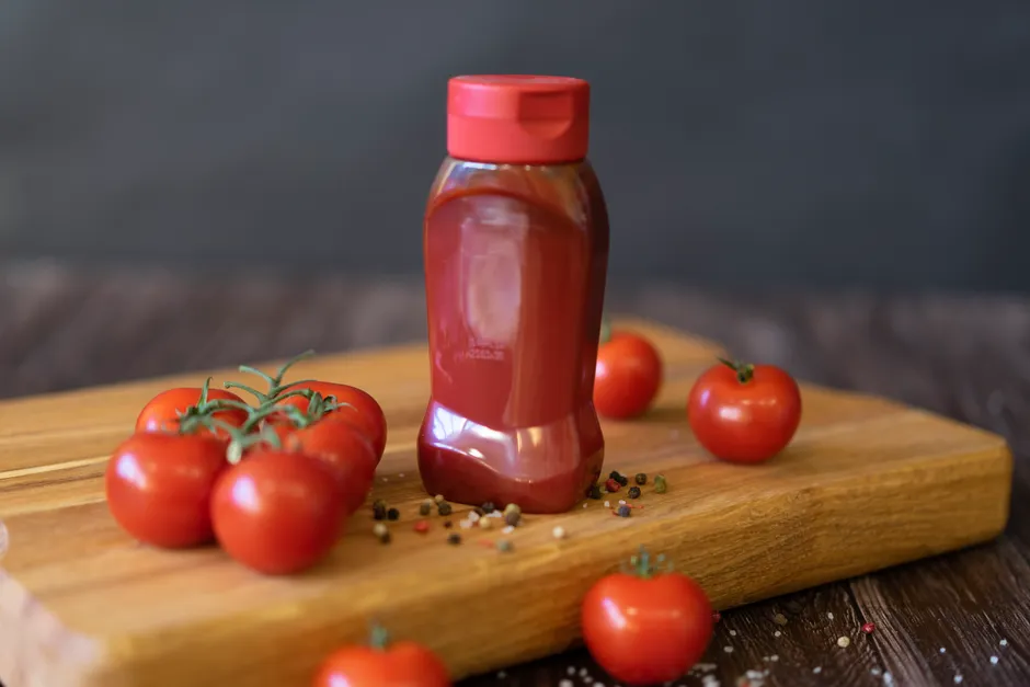 Close-up of tomatoes and ketchup bottle on a wooden board with peppercorns.