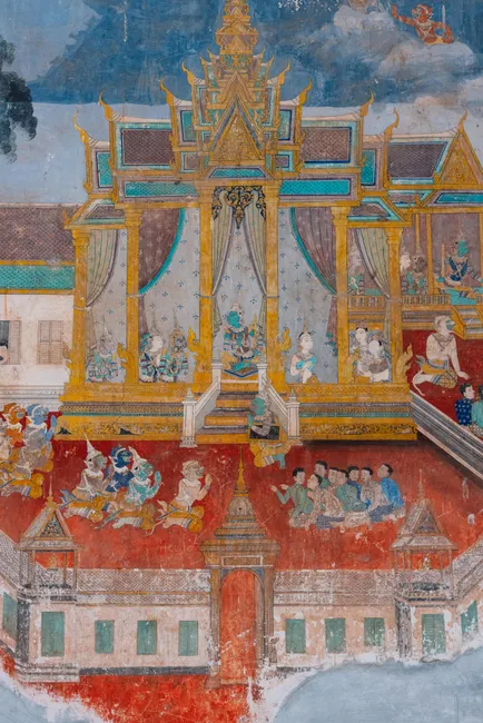 Intricate mural depicting Khmer culture and royal court in Cambodia's Royal Palace.